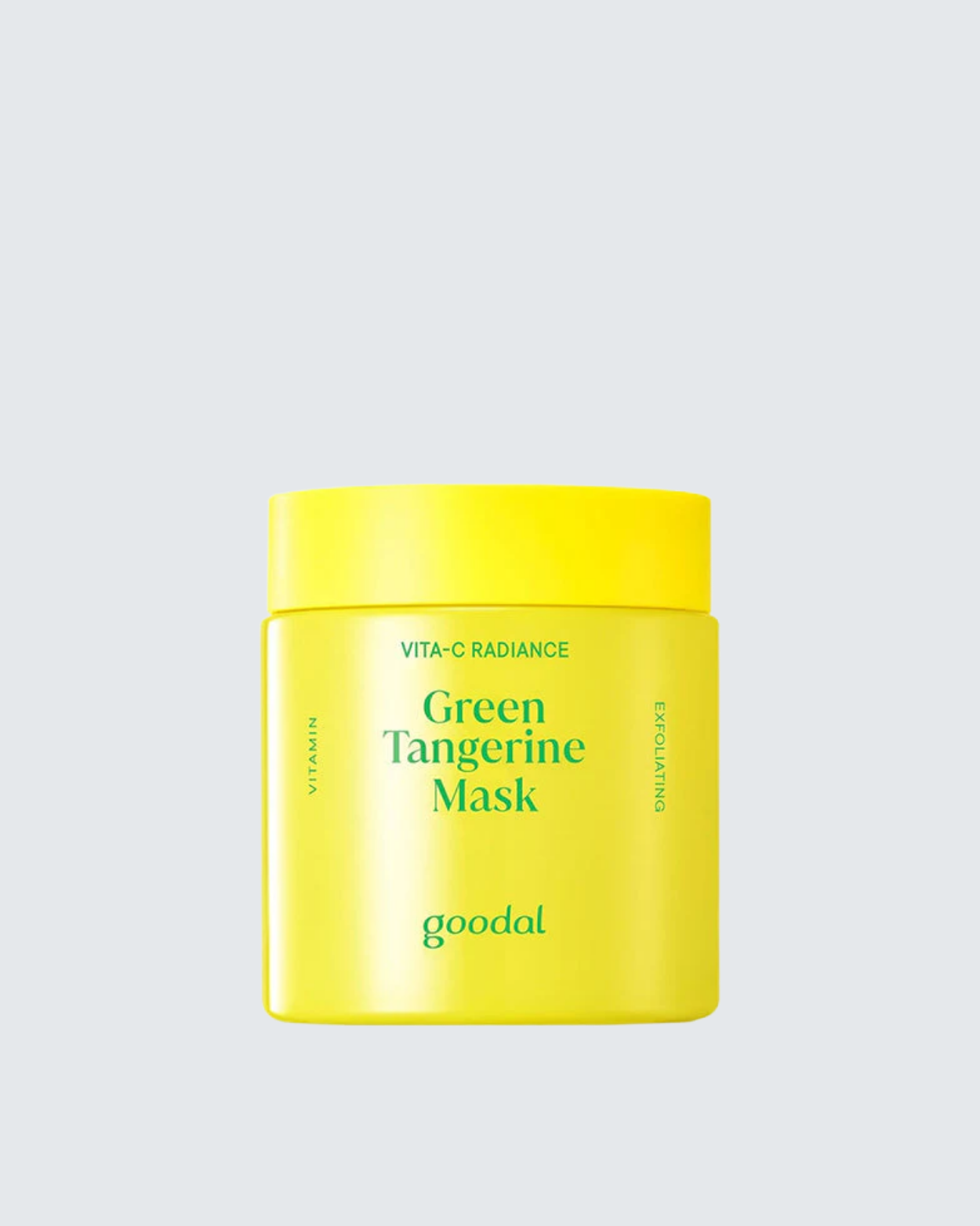 Yellow jar of Goodal Green Tangerine Mask on a light gray background