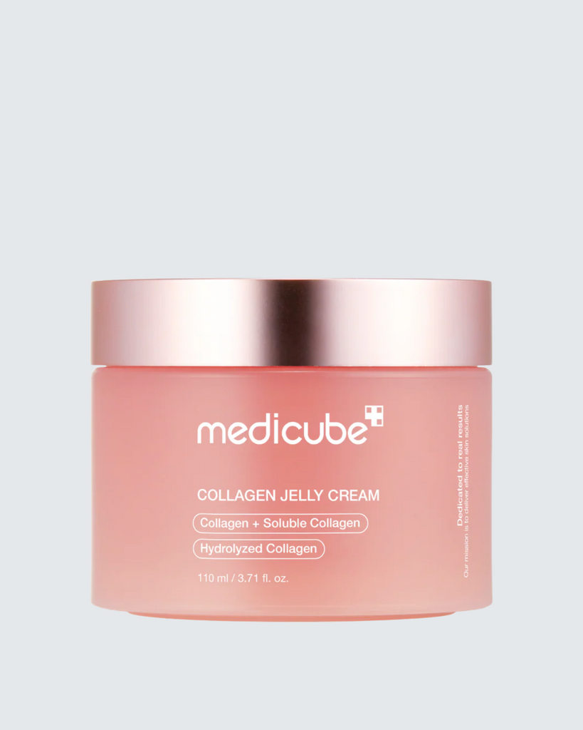 Pink jar of Medicube Collagen Jelly Cream on a light gray background