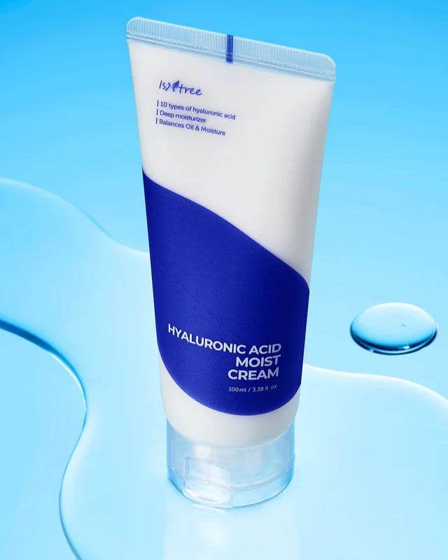 Tube of hyaluronic acid moist cream on a blue background