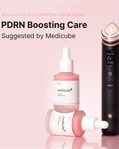 Medicube PDRN Boosting Care serum and device on a pink background