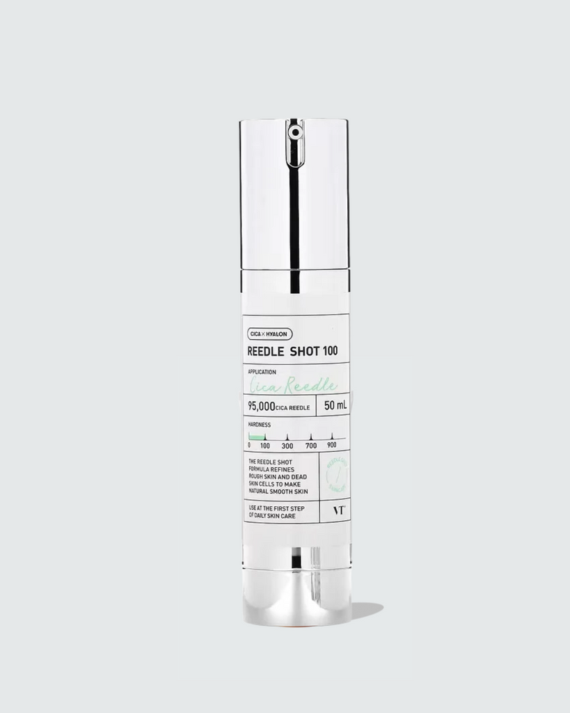 Skincare serum bottle labeled 'Needle Shot 100' on a light gray background