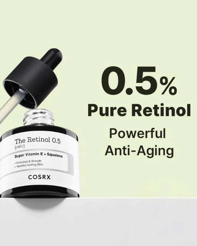 Cosrx Retinol serum with dropper on a light green background