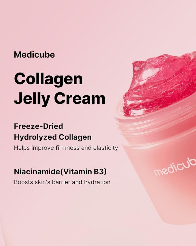Medicube Collagen Jelly Cream with pink jelly texture on a light pink background