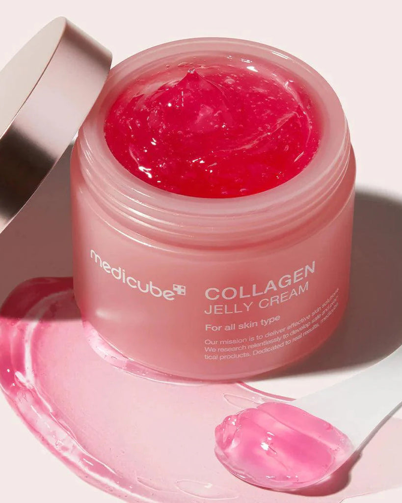 Pink jar of Medicube Collagen Jelly Cream on a white background
