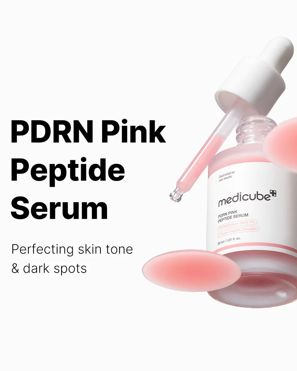 Medicube PDRN Pink Peptide Serum with dropper on a white background