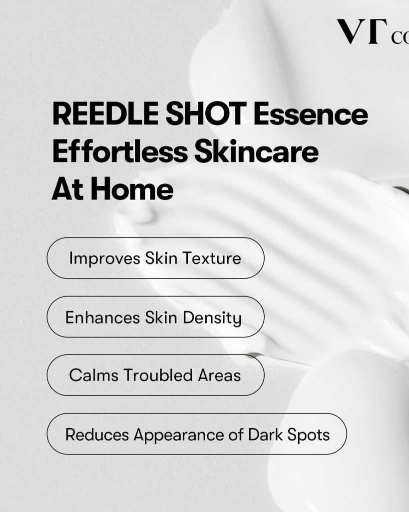 VT Cosmetics REEDLE SHOT Essence advertisement with text on skincare benefits.